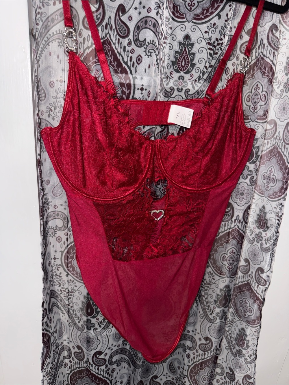 New Women’s 1XL Red Lace Heart Accents Babydoll Lingerie